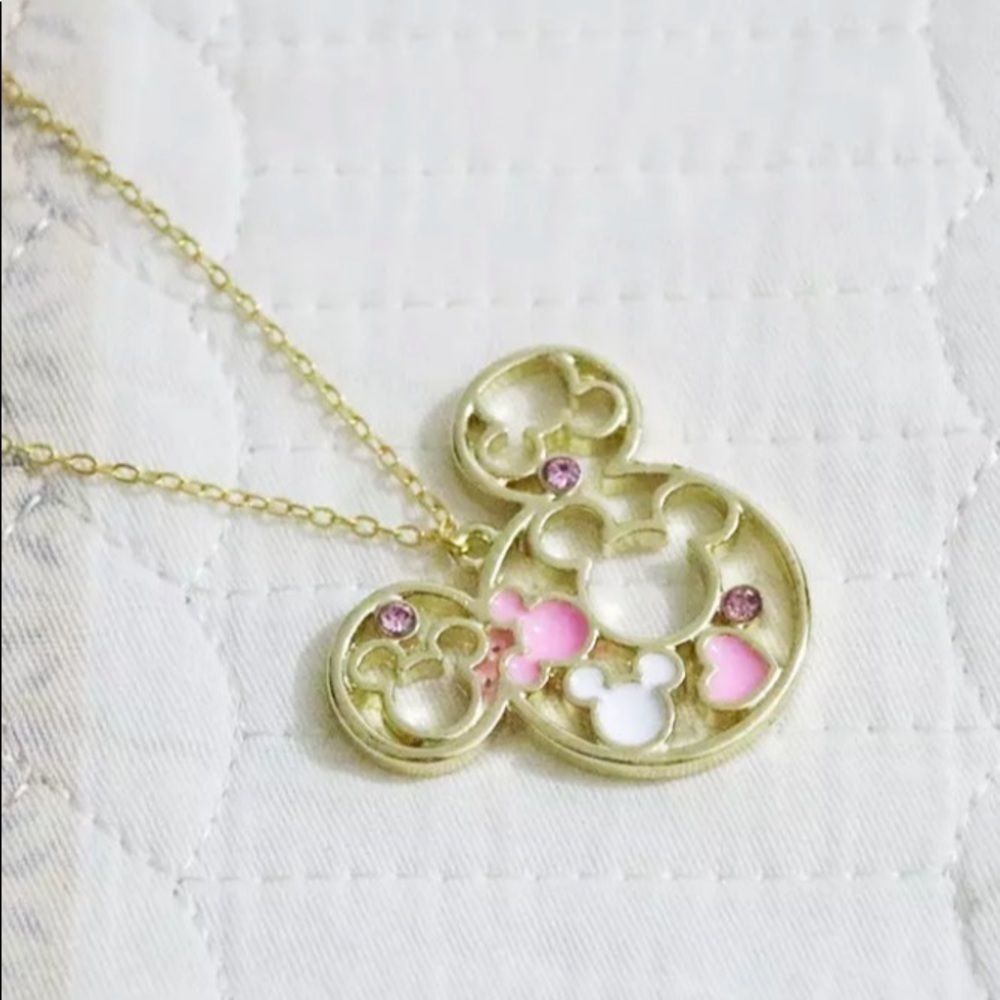 Gold Tone Mouse Silhouette Pendant Necklace Pink White Enamel Rhinestone Charm